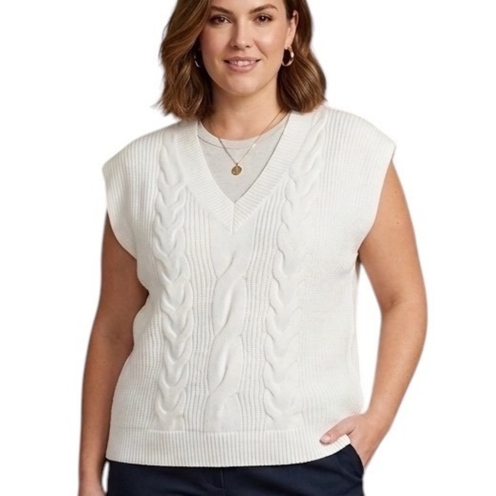 Cyrus Womens Cream White Cable Knit V-Neck Sweater Minimalist Chic Vest Size L
